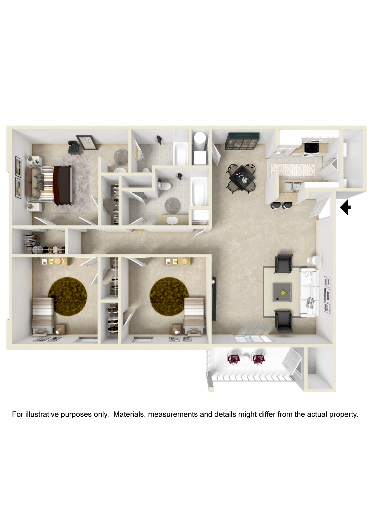 3 Bed, 2 Bath Floorplan | 1,245 Sq. Ft. at The Vineyard of Olive Branch Apartment Homes, Mississippi 38654