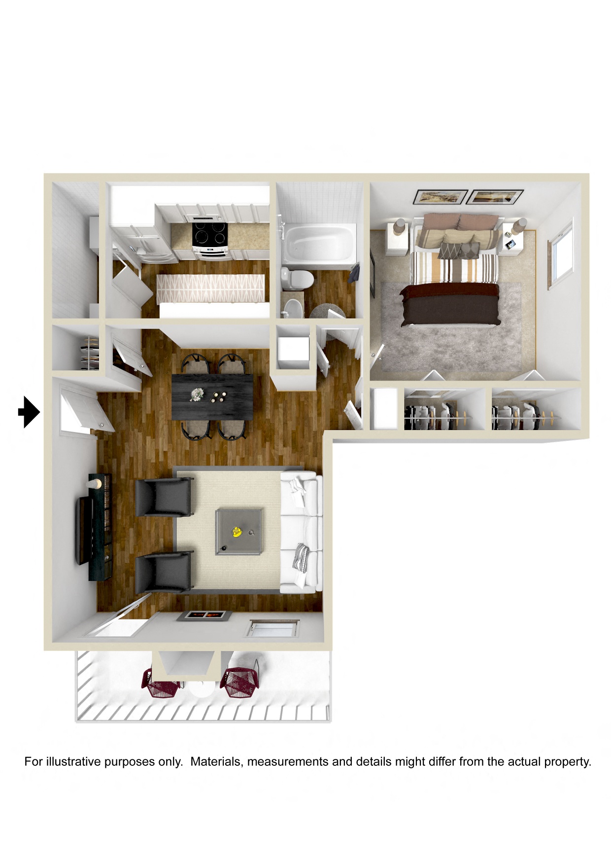One Bedroom Floor Plan | 700 Sq. Ft. at Lakeshore Pointe Apartment Homes in Brandon, MS