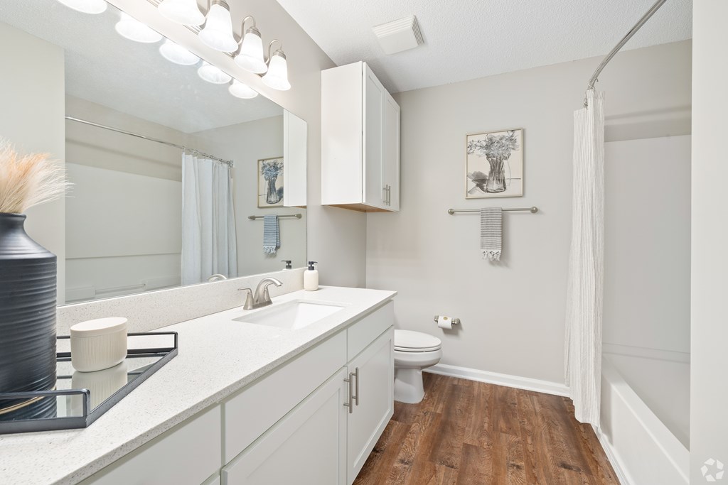 A white bathroom with a toilet, sink, and a mirror. at Reserve at Park Place Apartment Homes, Hattiesburg, 39402