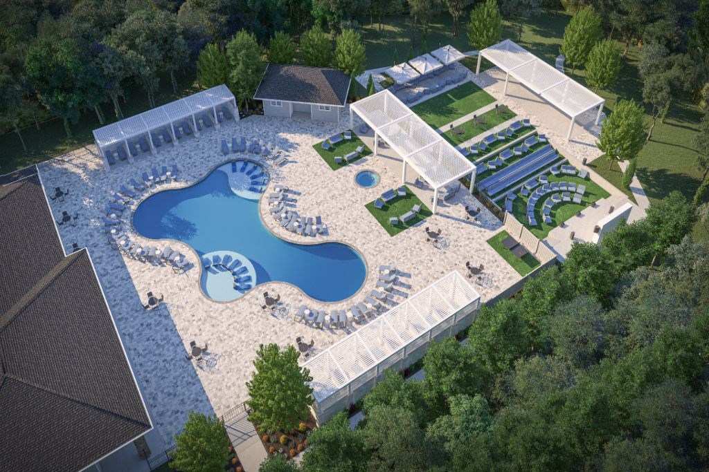 an aerial view of a resort style pool and water park  at The Azul Apartment Homes, Mississippi, 38655