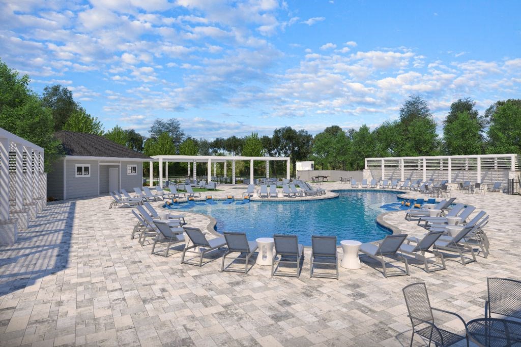 a resort style pool with chaise lounge chairs and sun umbrellas  at The Azul Apartment Homes, Oxford, 38655