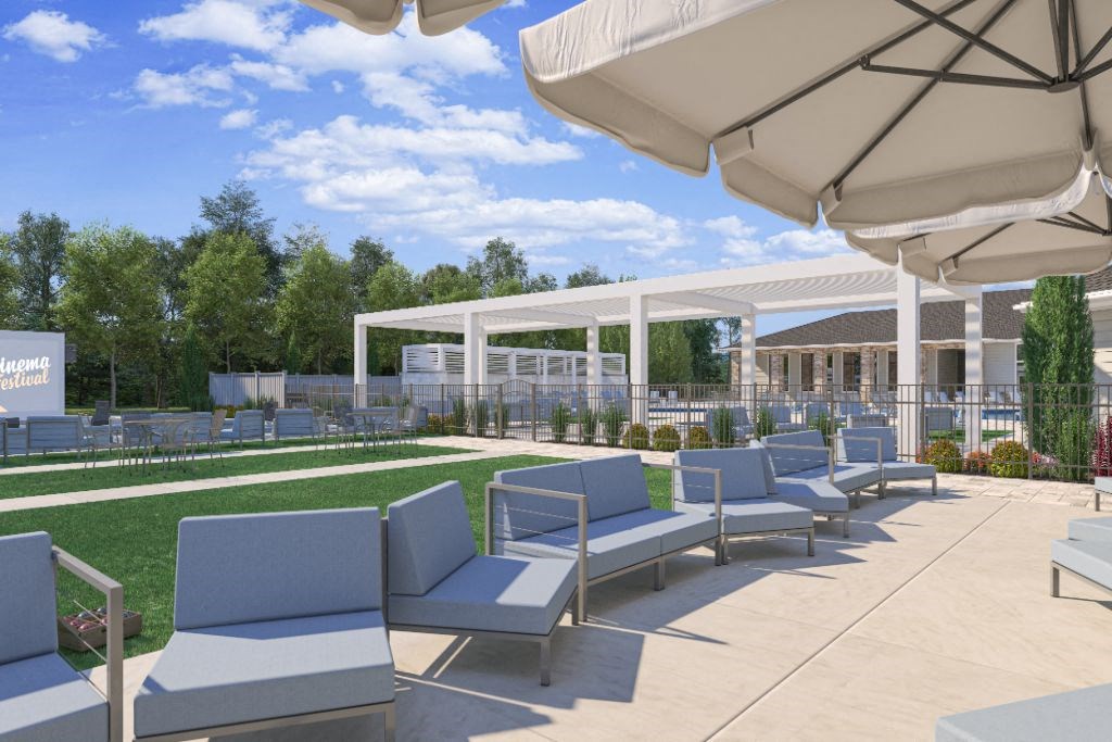 a rendering of the new patio and pool area at the dallas arboretum  at The Azul Apartment Homes, Mississippi