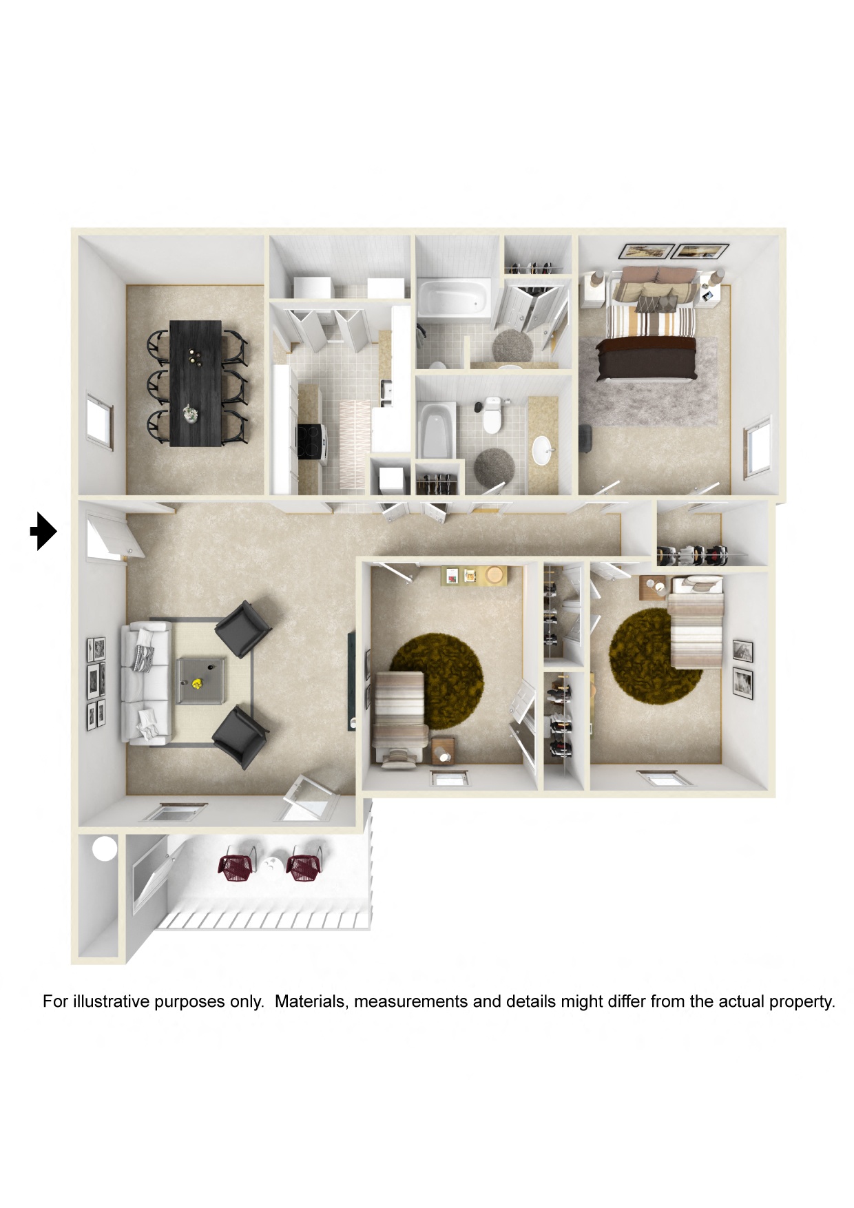 Three bedroom floor plan for rent | 1,300 Sq. Ft. at Laurelwood Apartment Homes in Laurel, MS