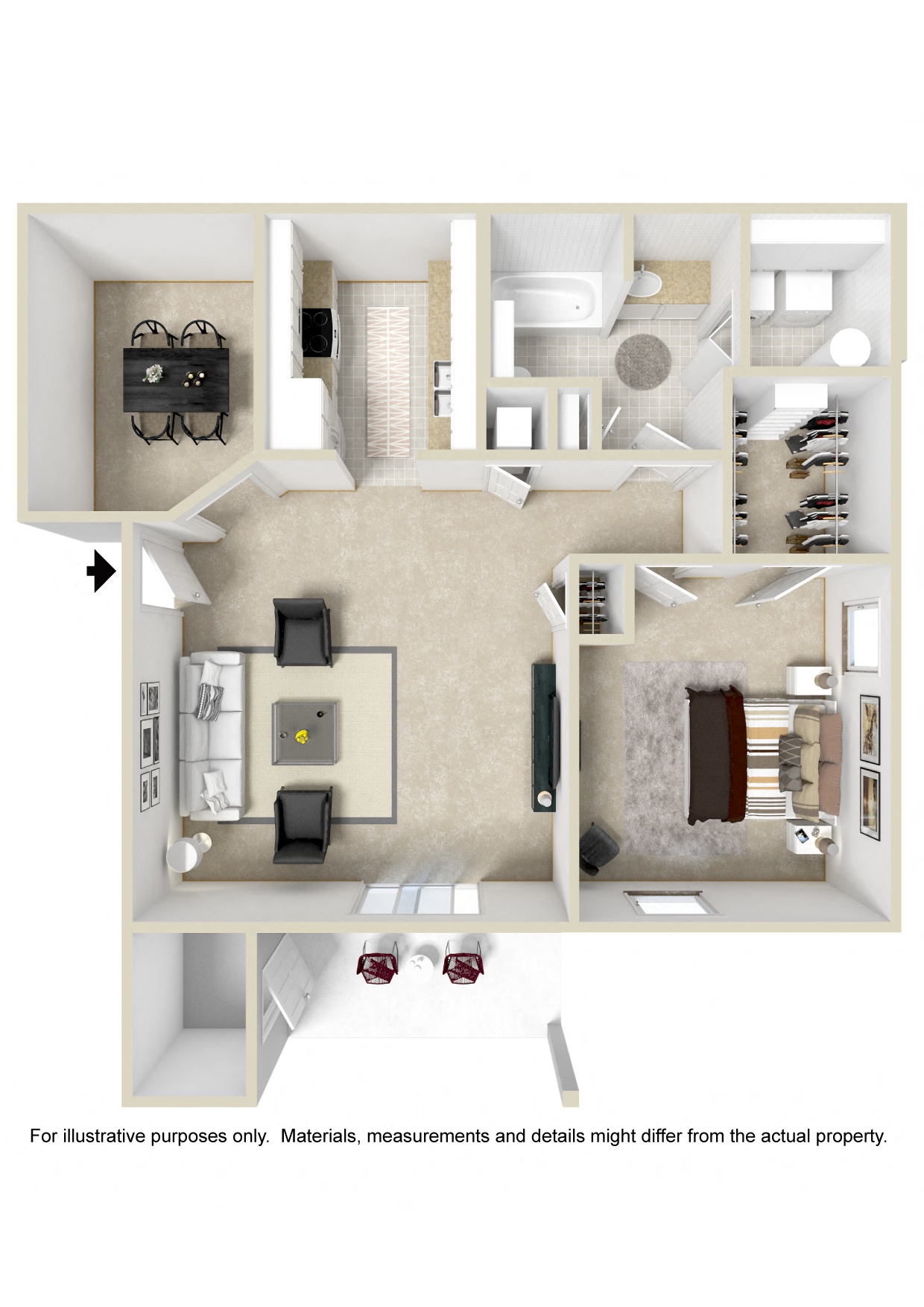 1 Bed 1 Bath Floor Plan | 845 Sq. Ft. at The Oliver Apartment Homes in Olive Branch, MS