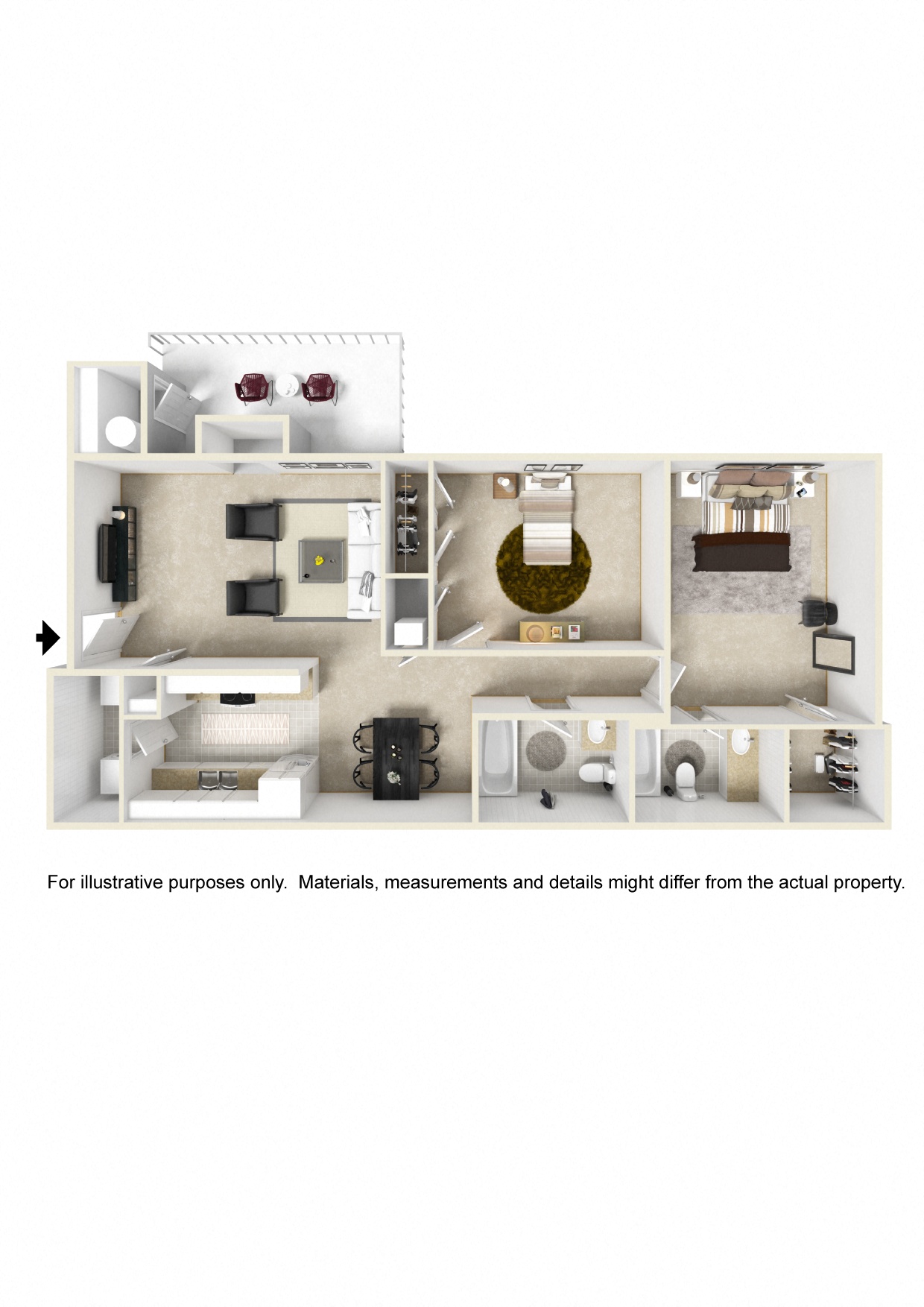 Two bedroom floor plan for rent | 1,100 Sq. Ft. at Laurelwood Apartment Homes in Laurel, MS