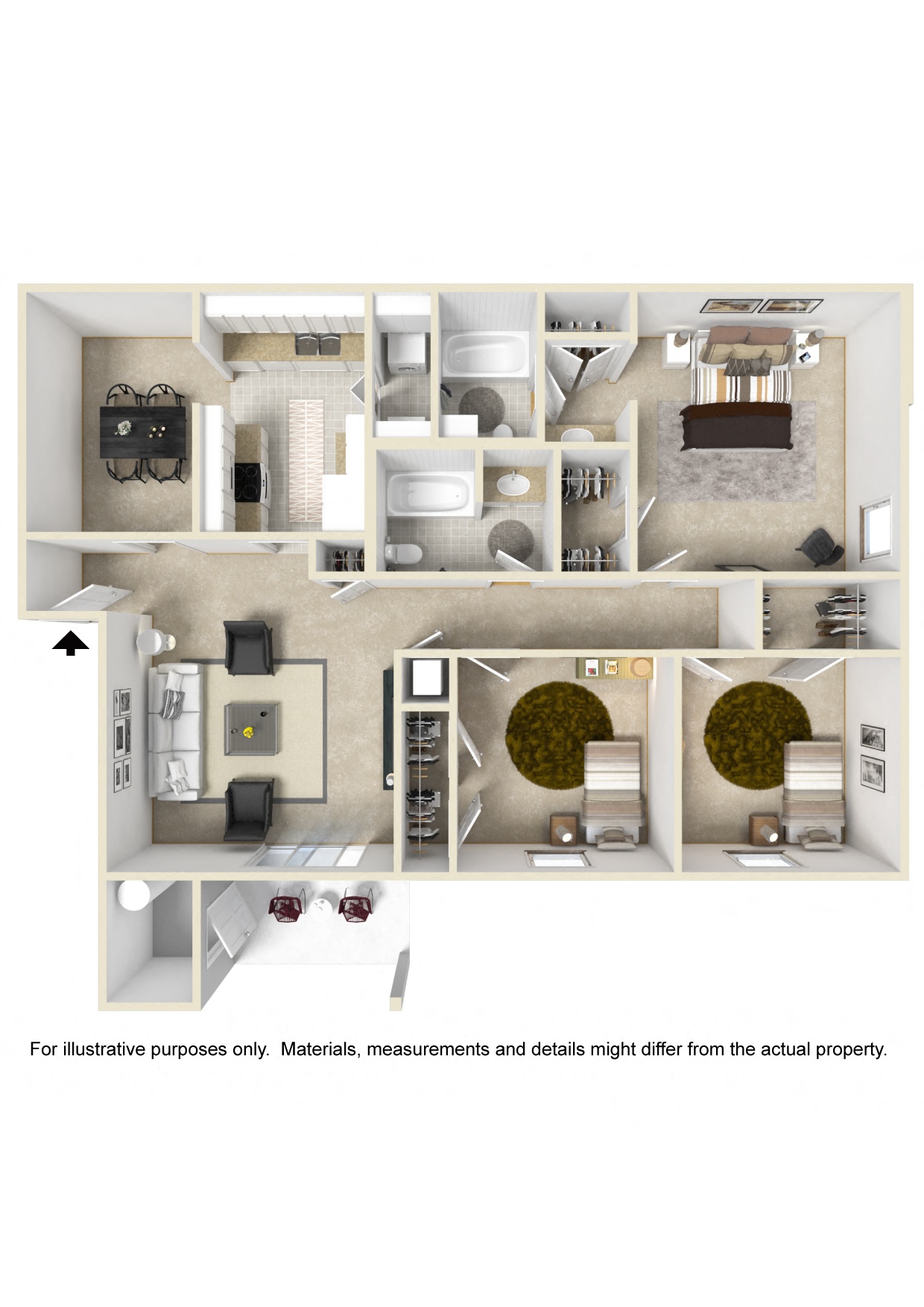 3 Bed 2 Bath Floor Plan | 1,250 Sq. Ft. at The Oliver Apartment Homes in Olive Branch, MS