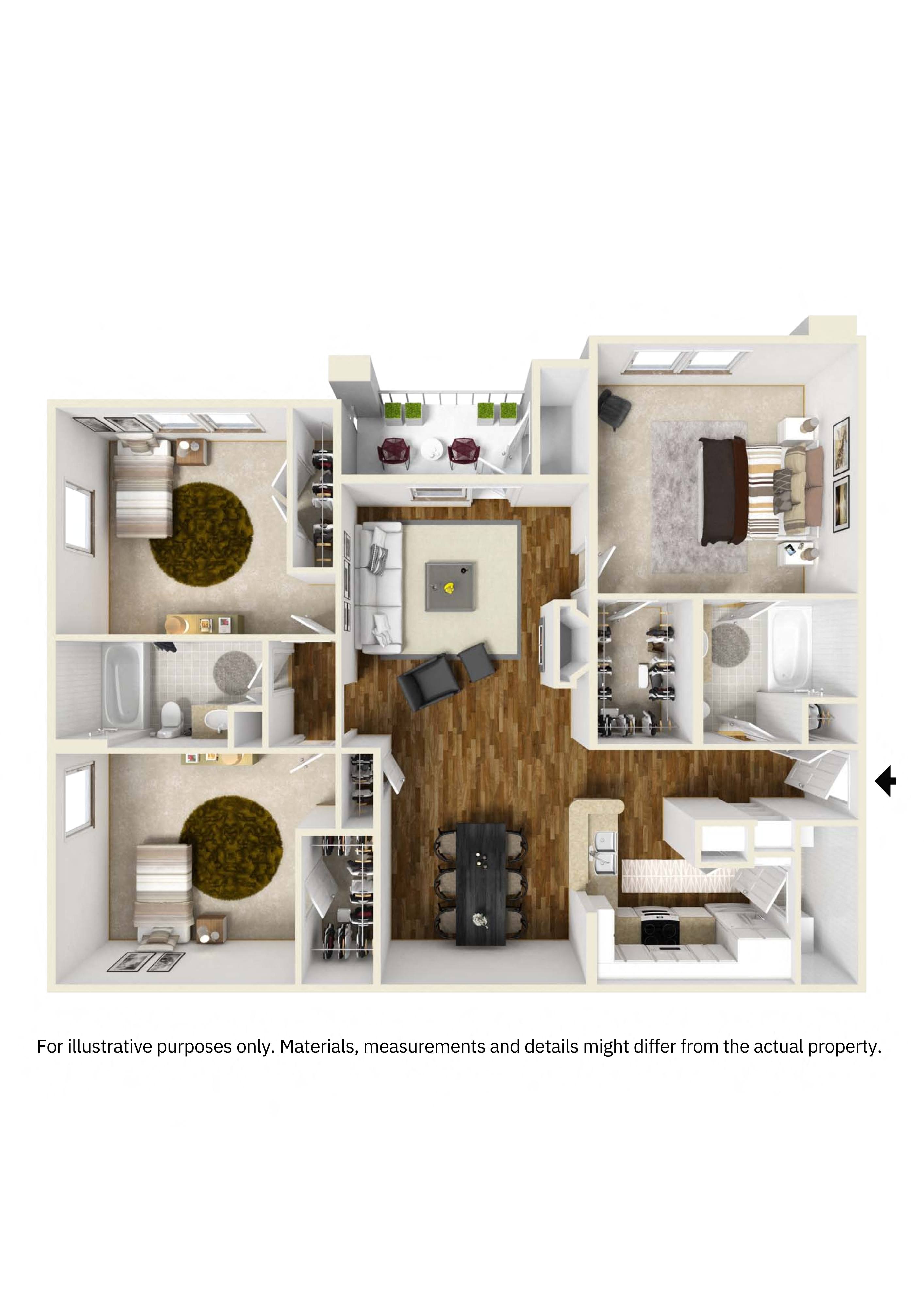 Three Bedroom Floor Plan | 1,389 Sq. Ft. at Legacy Apartment Homes in Ridgeland, MS