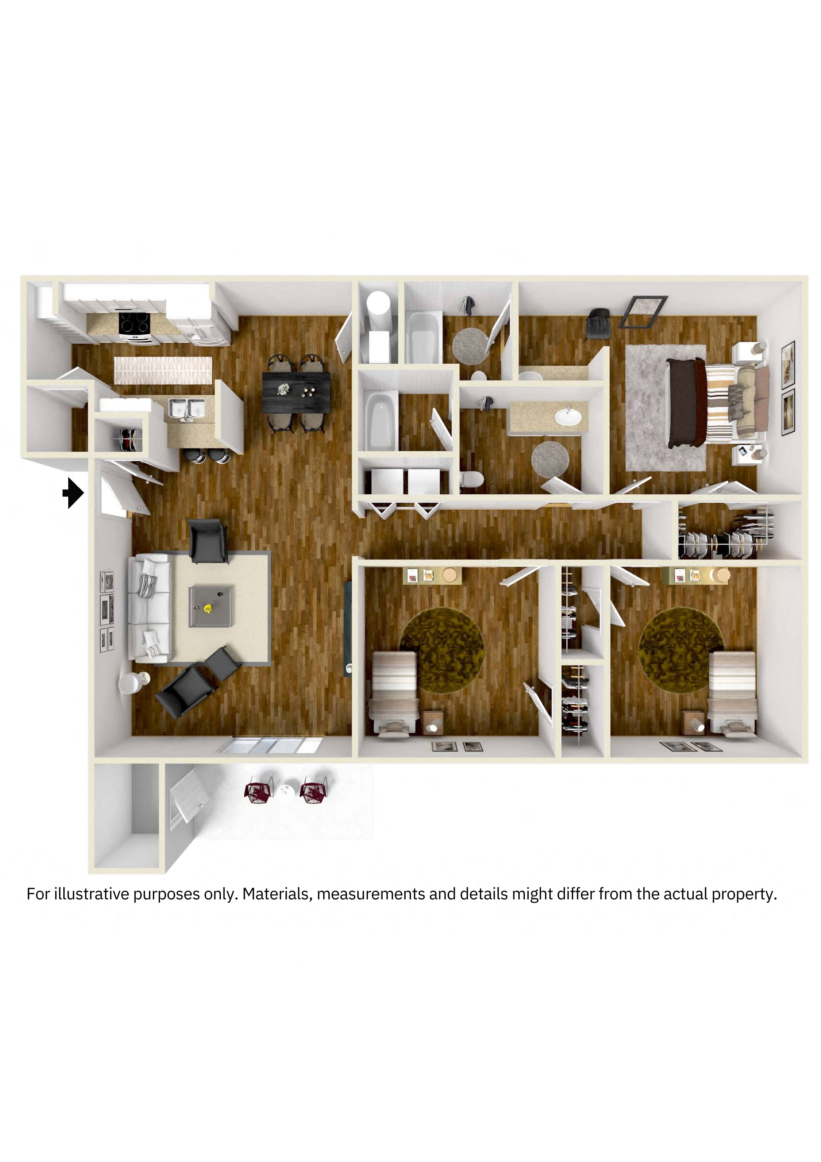 Three Bedroom Apartment | 1,432 Sq. Ft. at Lexington Pointe Apartments in Oxford, MS