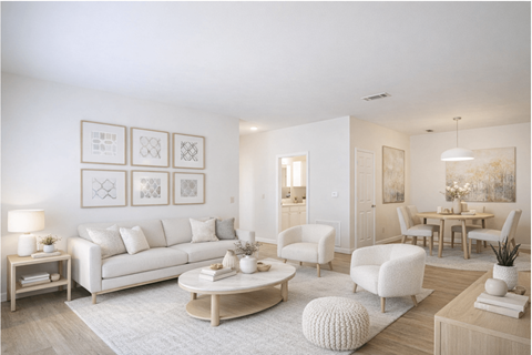 A living room with a white sofa, a coffee table, and a dining table with chairs.