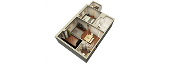 1 Bed 1 Bath 632 sqft 3D Floor Plan at Somerset Place Apartments, Chicago, 60640