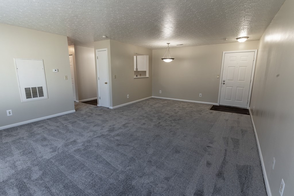 an empty living room with carpet and a white door