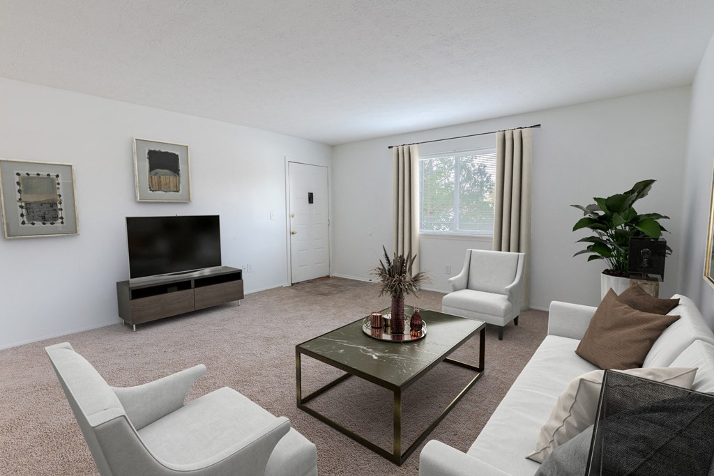 Spacious living room with white furniture and a flat screen tv at Tymberwood Trace Apartments in Louisville, KY 40219