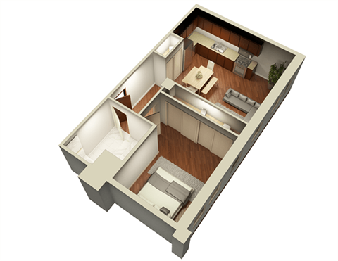 1 Bed 1 Bath 700 sqft 3D Floor Plan at Somerset Place Apartments, Chicago