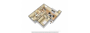2 BR, 1 Bath Floor Plan 3D View at Pickwick Farms Apartments, Indianapolis, 46260