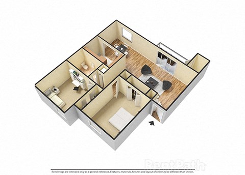 2 BR, 1 Bath Floor Plan 3D View at Pickwick Farms Apartments, Indianapolis, 46260
