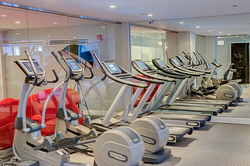 a row of cardio exercise machines in a gym