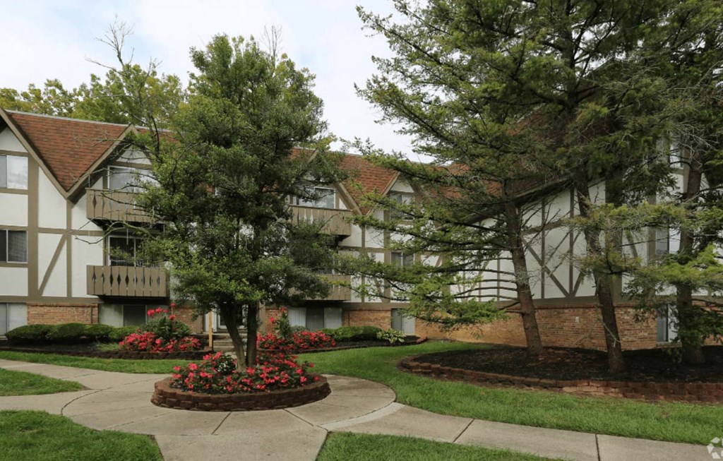 Apartment buildings with meticulous landscaping  at Camelot East Apartments, Fairfield, Ohio