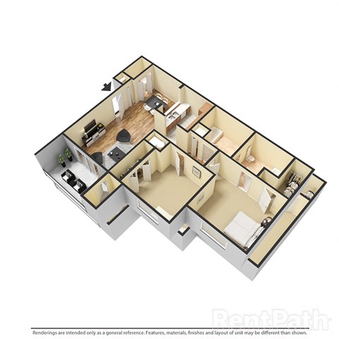 2 Bedroom, 1.5 Bath 910 Sq. Ft. Floor Plan at Creekside Square Phase I, Indiana, 46254