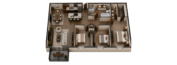A top-down view of a house interior with a kitchen, living room, dining area, and bedrooms.