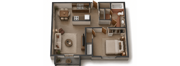 A top-down view of a well-furnished living space.