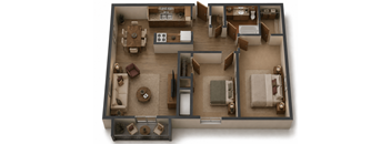 A 3D floor plan of a house showing a living room, kitchen, and two bedrooms.