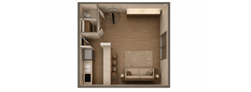 A top-down view of a living room with a couch, a television, and a coffee table.