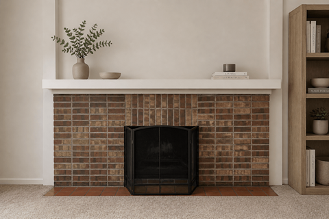 A black fireplace with a plant on top of a mantle.