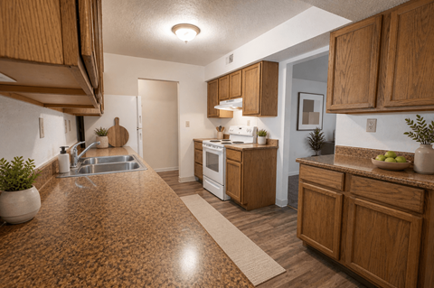 A kitchen with wooden cabinets and a brown countertop.