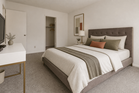 A bedroom with a large bed and a television.