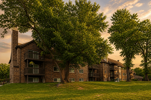 A large brick building with a green lawn in front.