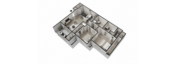 A 3D floor plan of a house with a kitchen, living room, and two bedrooms.