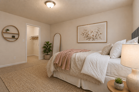 A bedroom with a bed, lamp, and a plant.