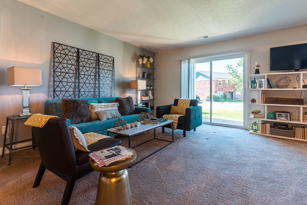Living Room With Balcony at Hamilton Square Apartments, Westfield, Indiana