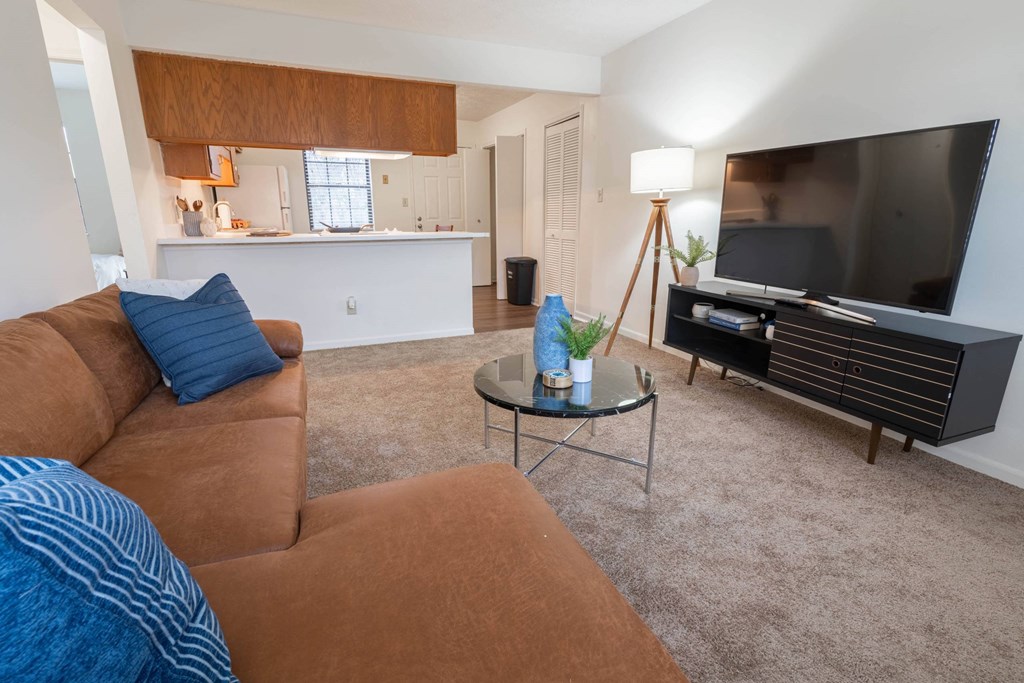 a living room with a couch and a coffee table in front of a flatscreen tv