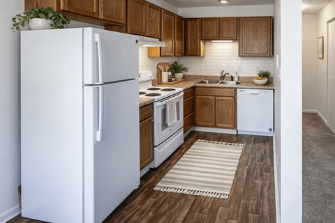 A white refrigerator stands in a kitchen with wooden cabinets and a white dishwasher.