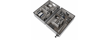 A 3D image of a house layout with two bedrooms, a living room, a kitchen, and a bathroom.