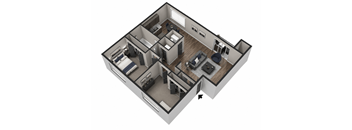 A 3D floor plan of a house with a kitchen, living room, and two bedrooms.