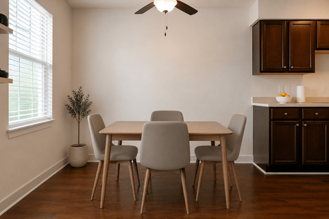 A dining room with a table and chairs.