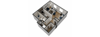 A 3D image of a house layout with a living room, kitchen, and two bedrooms.