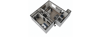 A 3D floor plan of a house with a kitchen, living room, and two bedrooms.