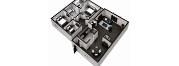 A 3D floor plan of a multi-bedroom apartment.