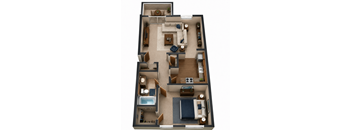 A top-down view of a small apartment with a bedroom, living room, kitchen, and bathroom.
