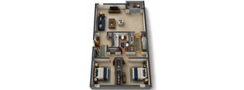 A top-down view of a small apartment with two bedrooms, a living room, a kitchen, and a bathroom.