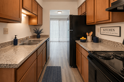 A kitchen with wooden cabinets and granite countertops.