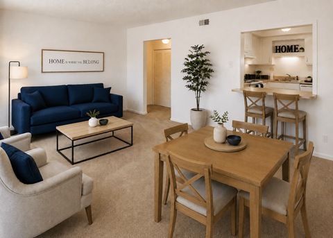 A living room with a blue couch and a wooden dining table.