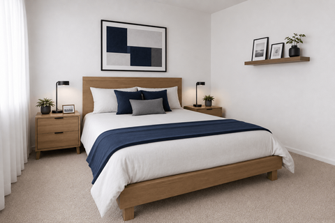 A bedroom with a large bed and a nightstand with a plant on it.