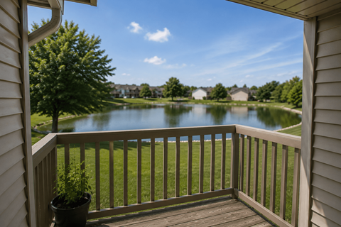 A view from a balcony overlooking a lake and houses.