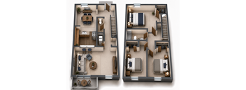 Two floor plans of a house with two bedrooms, two bathrooms, a living room, a kitchen, and a dining area.