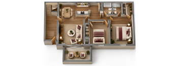 A 3D floor plan of a house with multiple rooms and furniture.