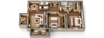 A top-down view of a house layout with multiple rooms and furniture.